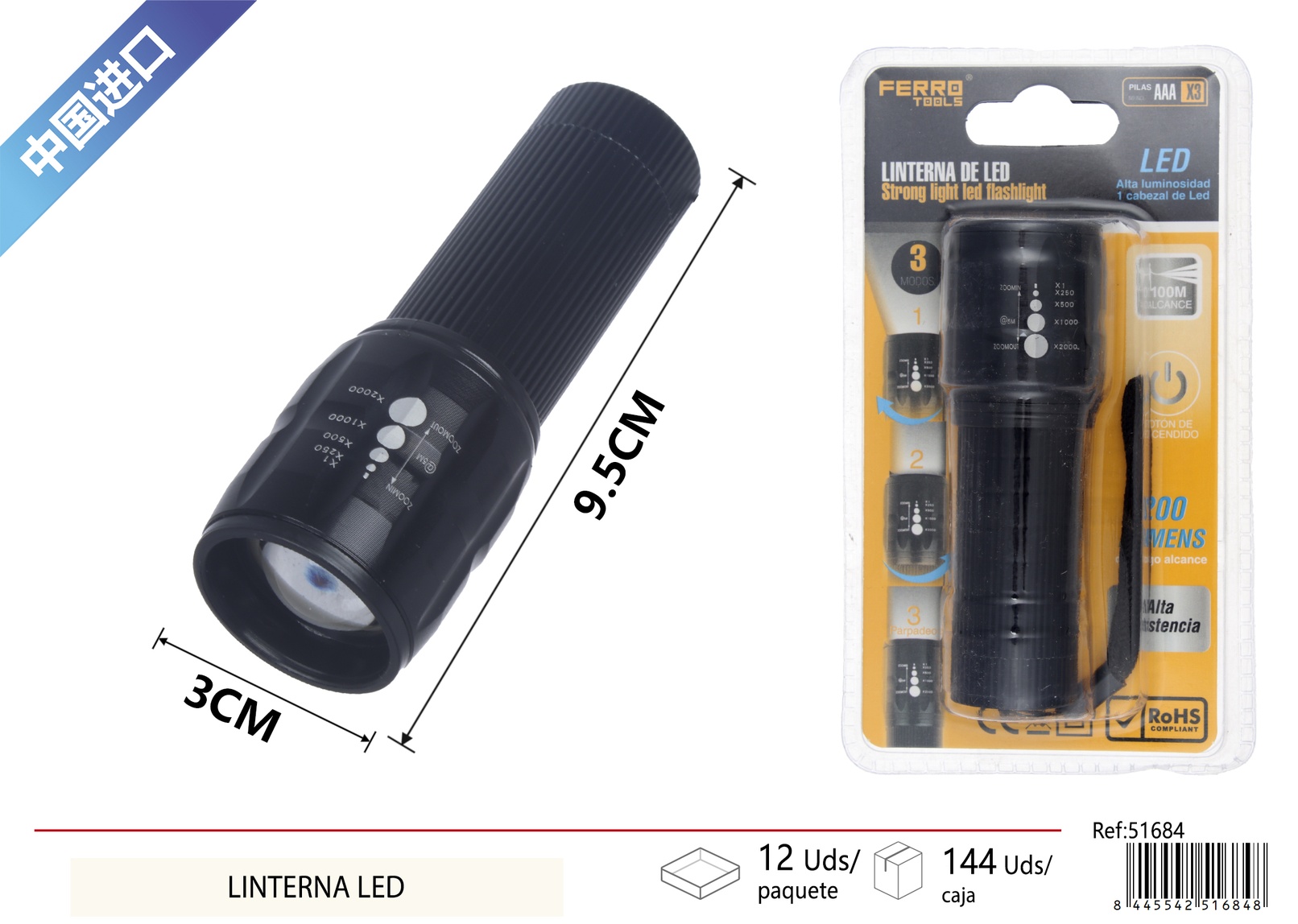 Telescopic zoom flashlight